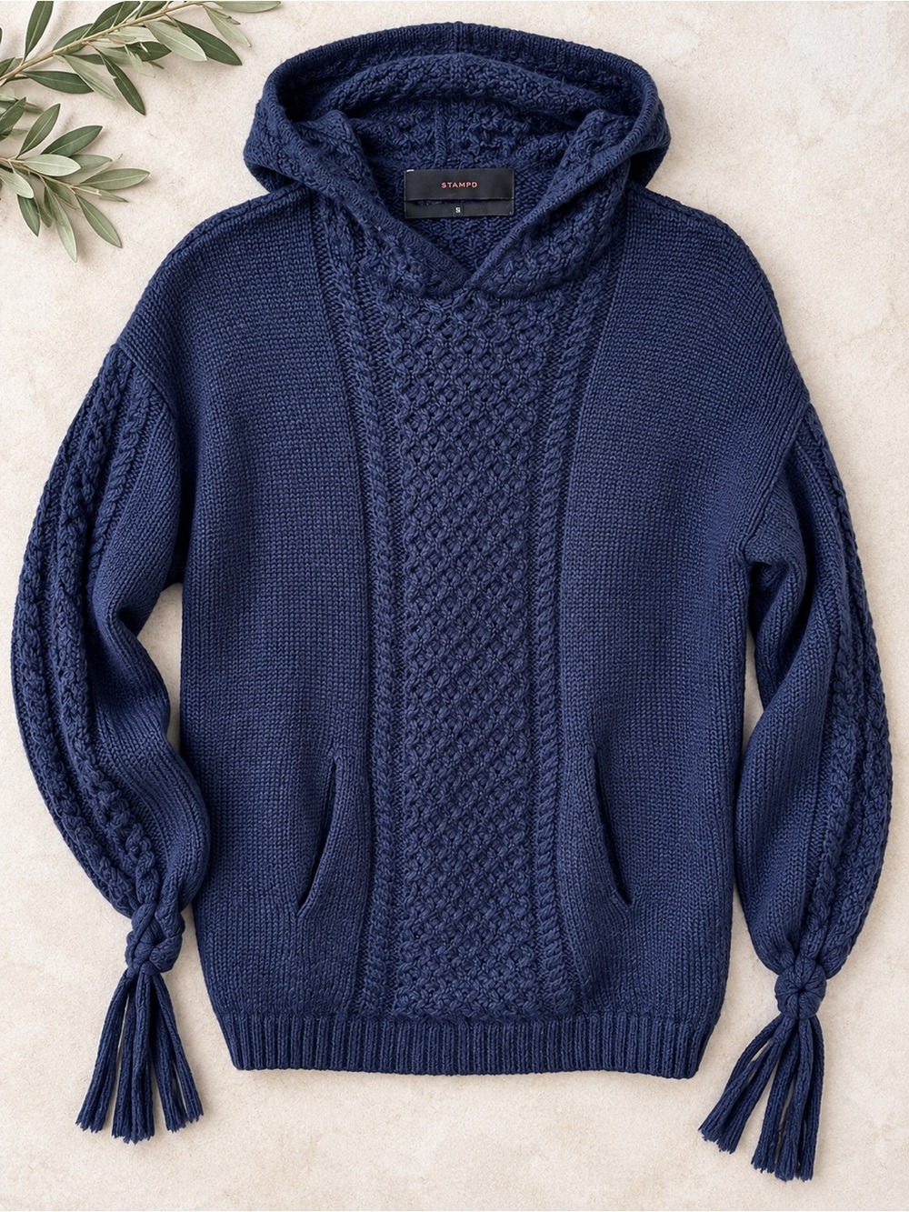 ALPACA HOODIE CABLE KNIT FISHERMAN WOOL-SWEATER SIZE XS NAVY BLUE